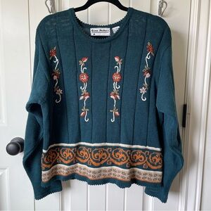 Vintage Gina Peter’s Teal Knit Floral Sweater